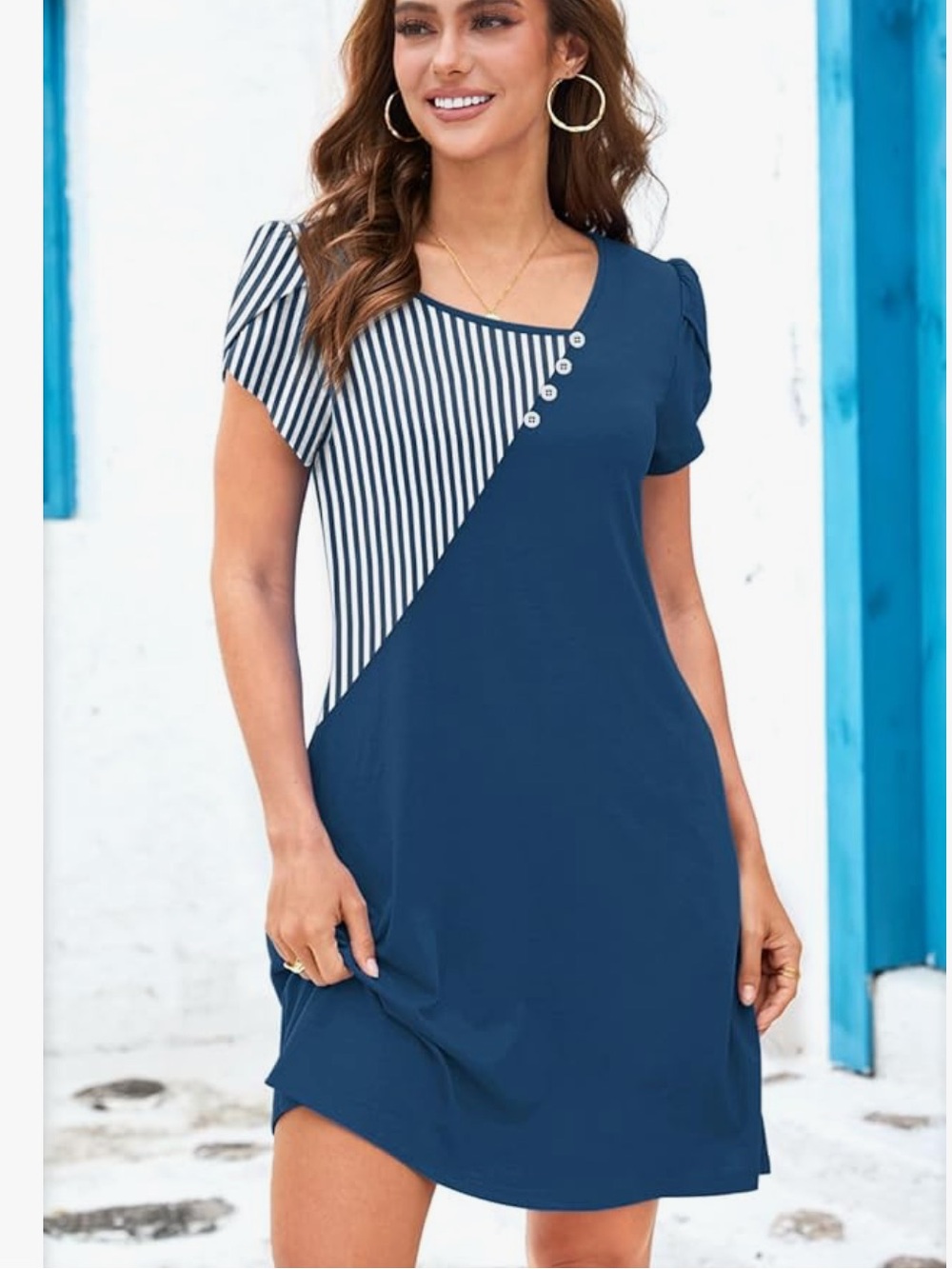 Chic Nation Navy Blue Striped Accent Short Sleeve Dress